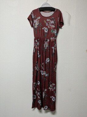 Women's Summer Casual Burgundy Scoop Neck Short Sleeves Floral Maxi Dress - M